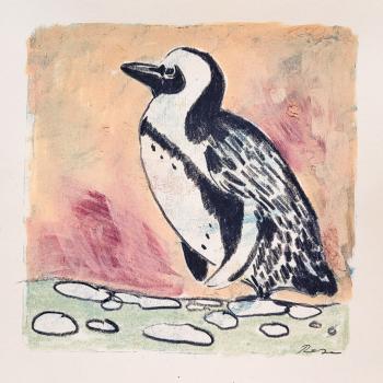 Brillenpinguin - Mixed Media Zeichnung